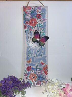 Floral Butterfly hanging Wall sign – Pink & Green Stay Wild Design